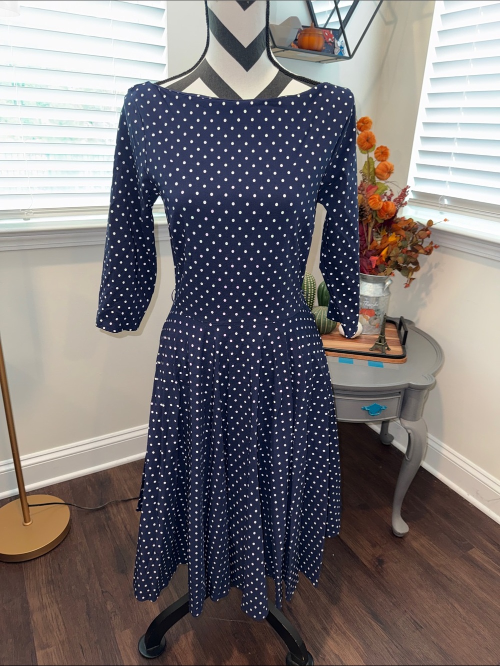 Unique Vintage 1950s Style Navy Polka Dot Devon Swing Dress